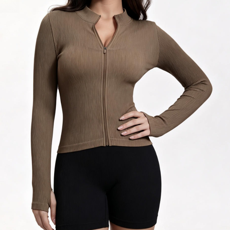 Women Ribbed Long Sleeve Zip U - Yoga In Fitness 评论和价格